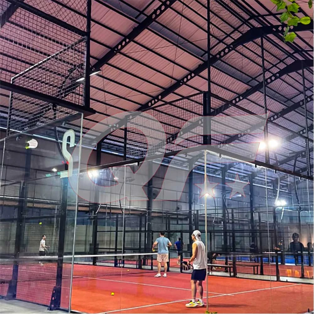 padel court size and technical diagram showing 20m length 10m width 12mm tempered glass and galvanized steel column construction