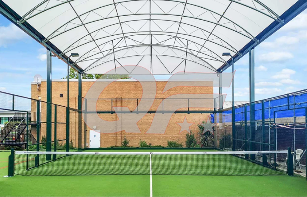 covered padel court with tensile membrane roof structure for all weather outdoor play