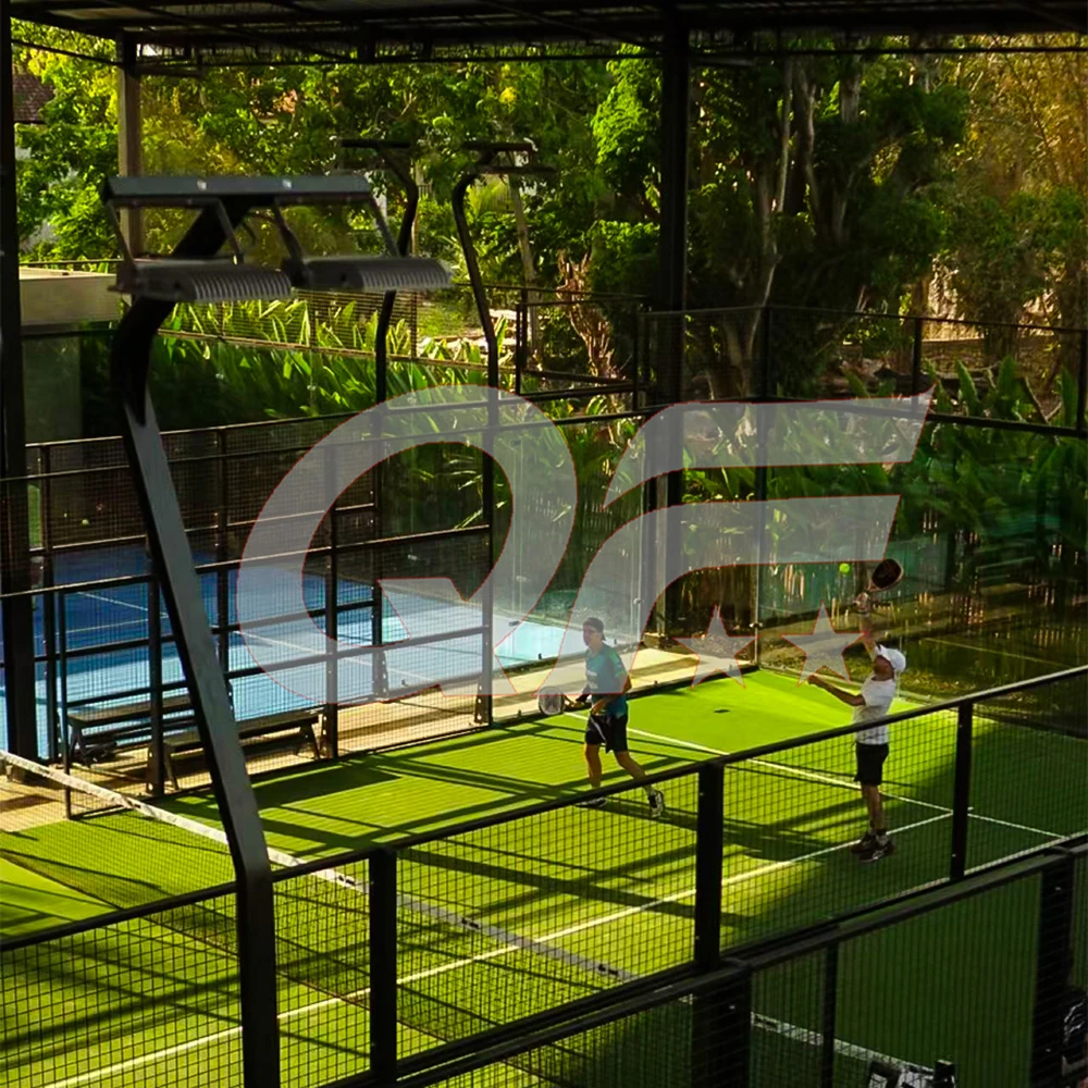 outdoor panoramic padel court with players during a match