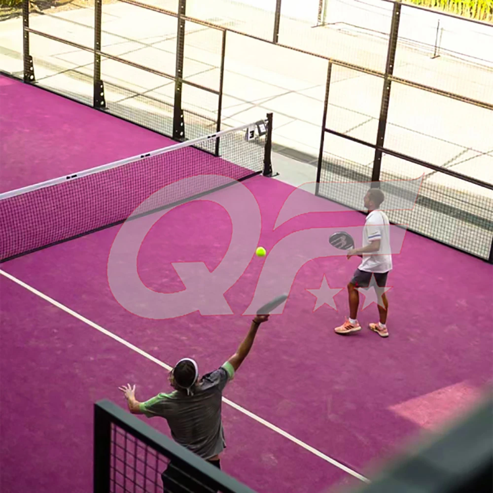 players playing on a professional padel court with purple artificial turf