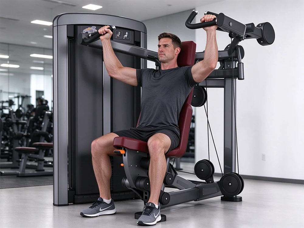 Athlete pressing the handles of the QF-G801 chest press