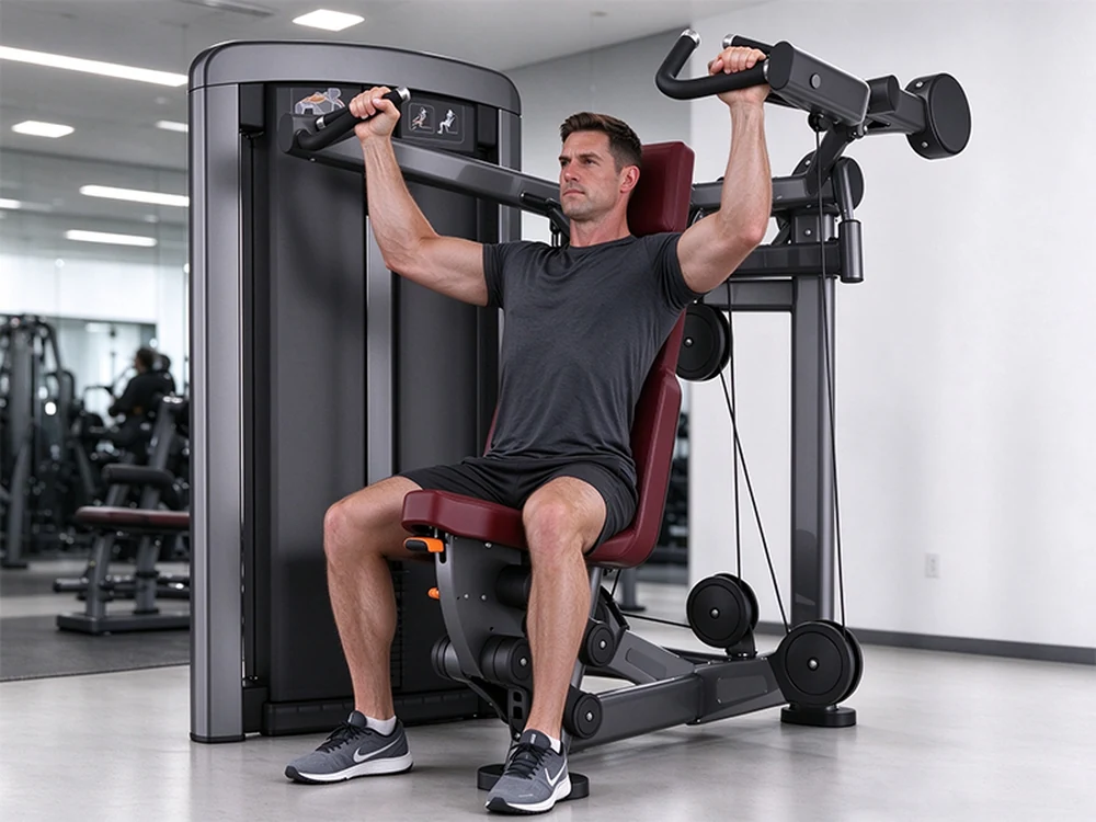 Athlete pressing overhead on the QF-G802 shoulder press